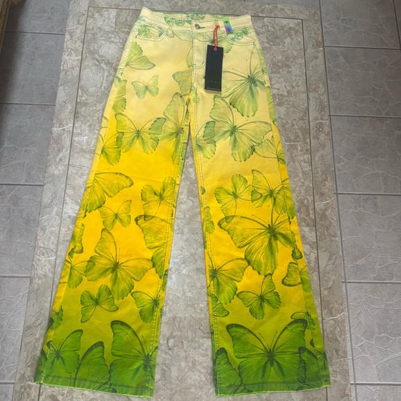 NWT VBRT Vibrant Miu Butterfly Print Yellow Green Wide Leg Fairycore Jeans S - Picture 7 of 13